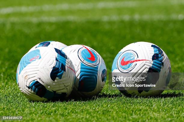 General view of Nike game balls on the field prior to the first half of the NWSL soccer game between NJ/NY Gotham FC and San Diego Wave FC on June...