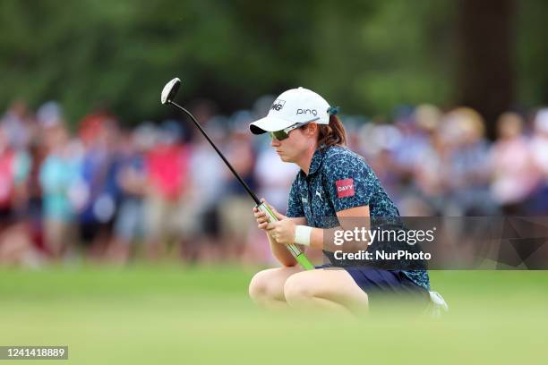 Leona Maguire of Cavan, Ireland lines up her putt on the18th green in a second round of sudden death against Jennifer Kupcho at the conclusion of the...