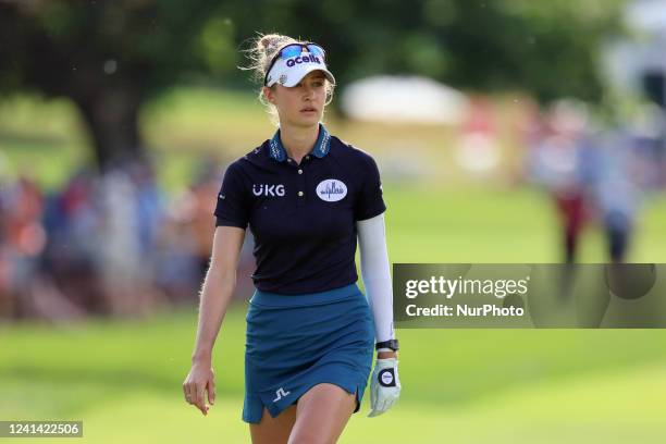 Nelly Korda of Bradenton, Florida walks onto the18th green with the final round of the Meijer LPGA Classic golf tournament at Blythefield Country...