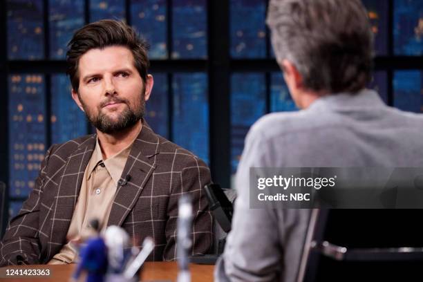 Episode 1309 -- Pictured: Actor Adam Scott during an interview with host Seth Meyers on June 20, 2022 --