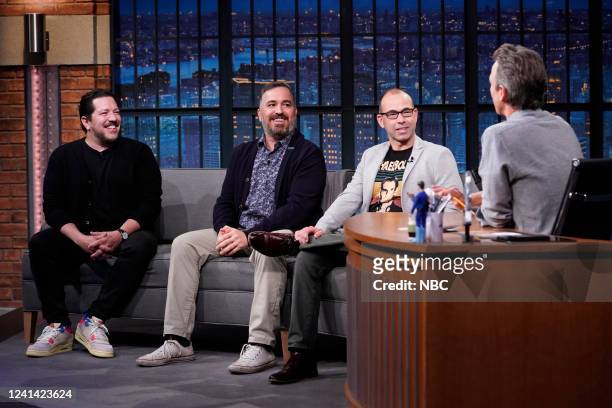 Episode 1309 -- Pictured: Impractical Jokers Salvatore Vulcano, James Murray and Brian Quinn, during an interview with host Seth Meyers on June 20,...