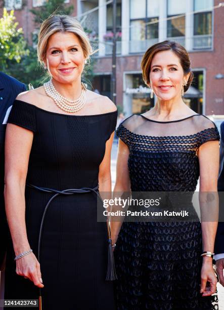 Queen Maxima of The Netherlands and Crown Princess Mary of Denmark attend a Danish-Dutch trade dinner at the Grote Kerk on June 20, 2022 in The...