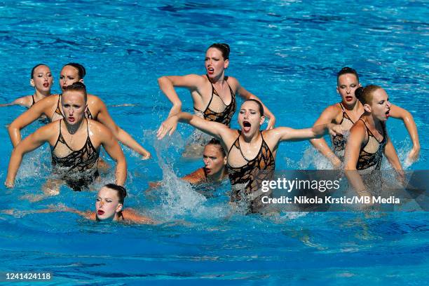 The team of Hungary compete in the Artistic Swimming Women Team Free Combination Final on day four of the Budapest 2022 FINA World Championships at...