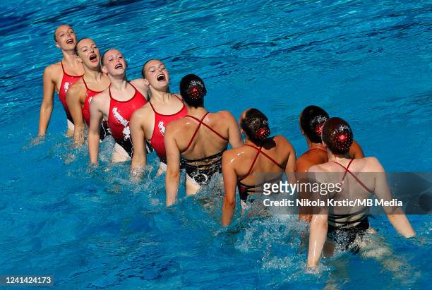 The team of Great Britain compete in the Artistic Swimming Women Team Free Combination Final on day four of the Budapest 2022 FINA World...