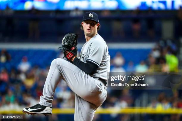 Gerrit Cole of the New York Yankees pitches in the first inning during the game between the New York Yankees and the Tampa Bay Rays at Tropicana...