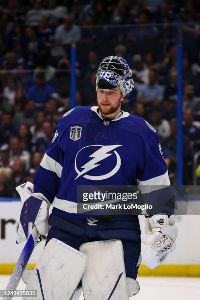 Goalie Andrei Vasilevskiy of the Tampa Bay Lightning against the Colorado Avalanche during the second period in Game Three of the 2022 Stanley Cup...