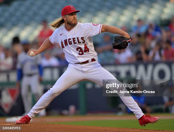 Noah Syndergaard of the Los Angeles Angels pitches in the first inning against the Kansas City Royals at Angel Stadium of Anaheim on June 20, 2022 in...