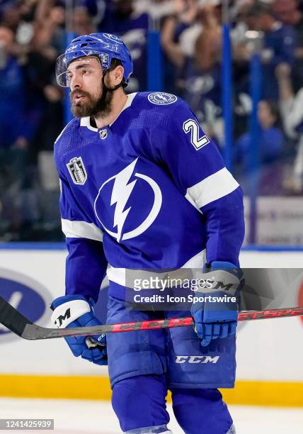 Tampa Bay Lightning left wing Nicholas Paul scores a goal and celebrates during the NHL Hockey Stanley Cup Finals Game 3 between Tampa Bay Lightning...