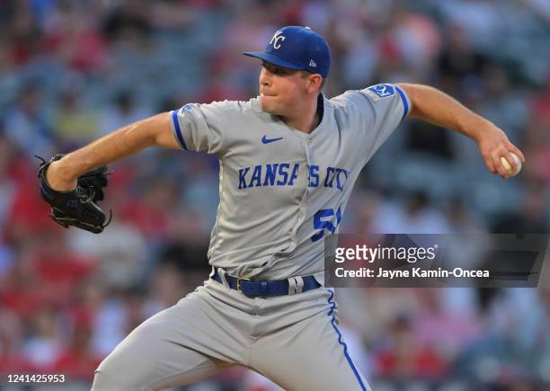 Kris Bubic of the Kansas City Royals pitches in the third inning against the Los Angeles Angels at Angel Stadium of Anaheim on June 20, 2022 in...