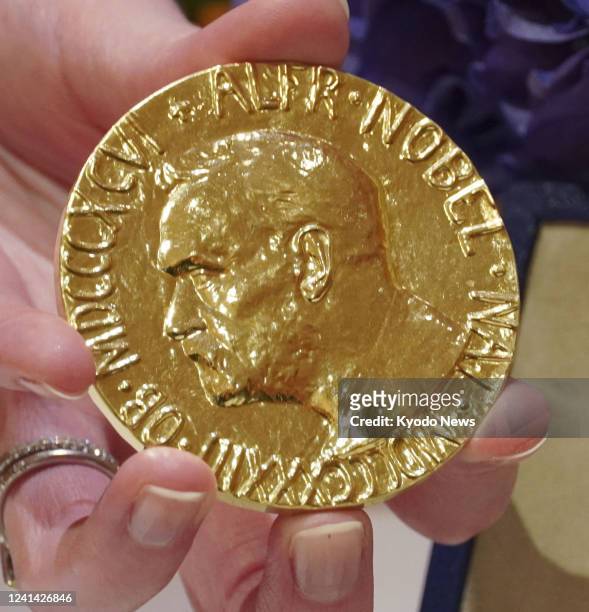 Photo taken on June 20 shows the Nobel Peace Prize medal belonging to Dmitry Muratov, editor-in-chief of the independent Russian newspaper Novaya...