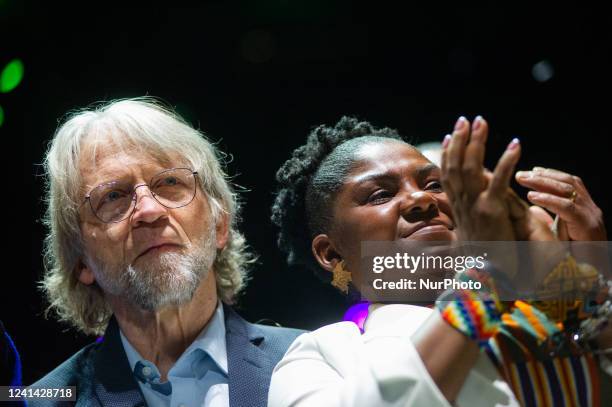 Politician Antanas Mockus celebrates along Vice-president elect Francia Marquez during the campaign celebration of Gustavo Petro who won the second...