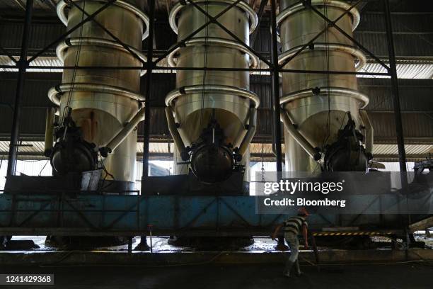 Boiling tanks at the Cikasungka palm oil processing factory, operated by PT Perkebunan Nusantara VIII, in Bogor Regency in West Java, Indonesia, on...