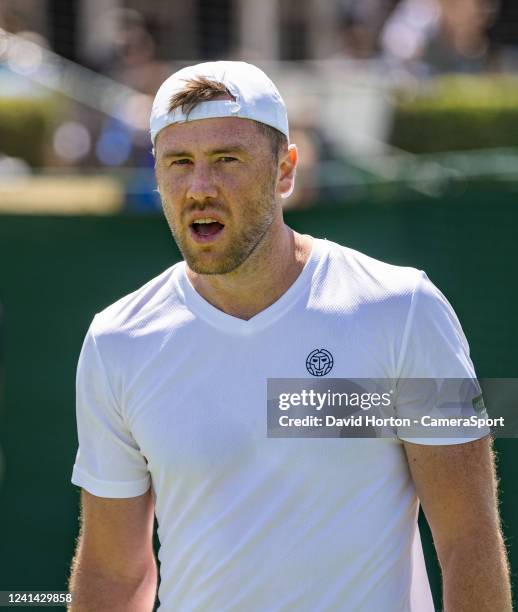 Illya Marchenko in action against Jesper De Jong in the first round of men's singles matches of the Wimbledon 2022 qualifying tournament at the Bank...