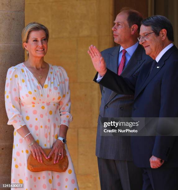 Cypriot President Nikos Anastasiades, first from right, receives British Prince Edward and Sophie, Countess of Wessex at the Presidential Palace in...