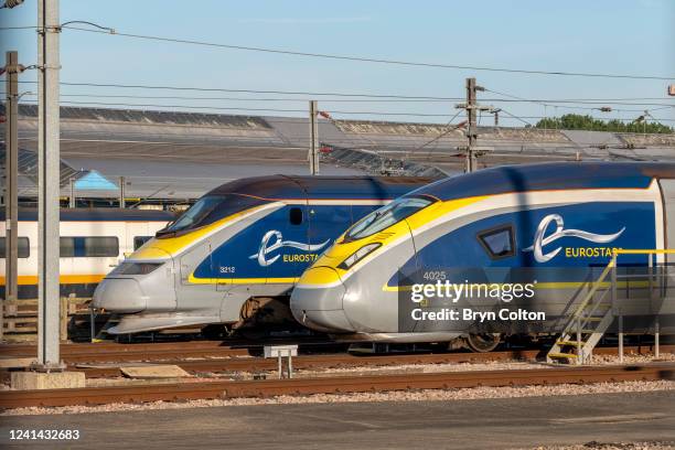 Eurostar trains are parked at the Temple Mills maintenance depot in Stratford as a rail strike impacts international travel on June 21, 2022 in...