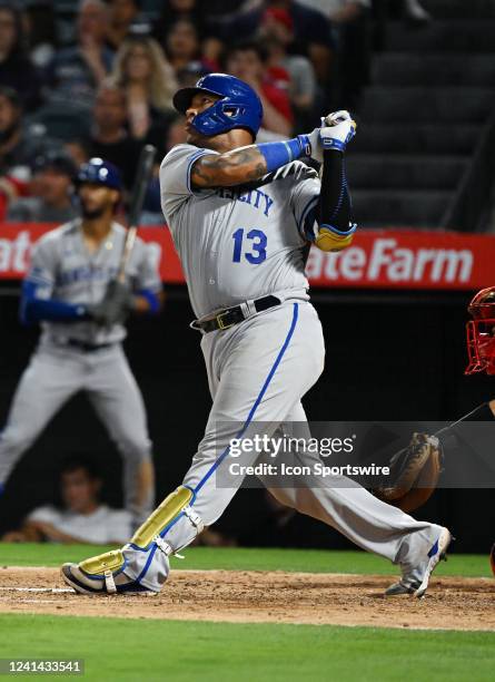 Kansas City Royals catcher Salvador Perez hits a solo home run in the eighth inning of an MLB baseball game against the Los Angeles Angels played on...