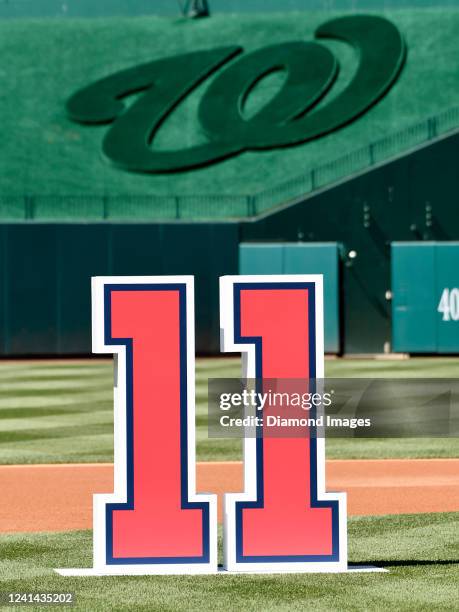 The uniform number for Ryan Zimmerman of the Washington Nationals is displayed on the field during a ceremony prior to a game against the...