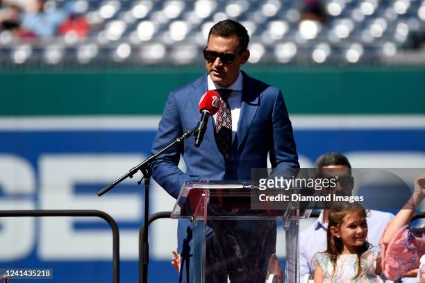 Former Washington National Ryan Zimmerman addresses the crowd during a ceremony to officially retire his uniform number prior to a game against the...