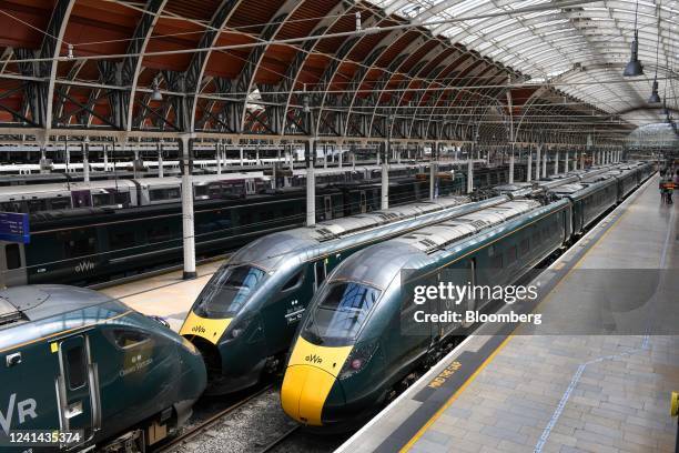 Stationary passenger trains, during a rail workers strike, at London Paddington railway station in London, UK, on Tuesday, June 21, 2022. UK rail...