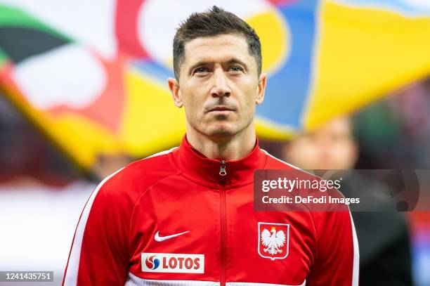 Robert Lewandowski of Poland looks on prior to the UEFA Nations League League A Group 4 match between Poland and Belgium at PGE Narodowy on June 14,...