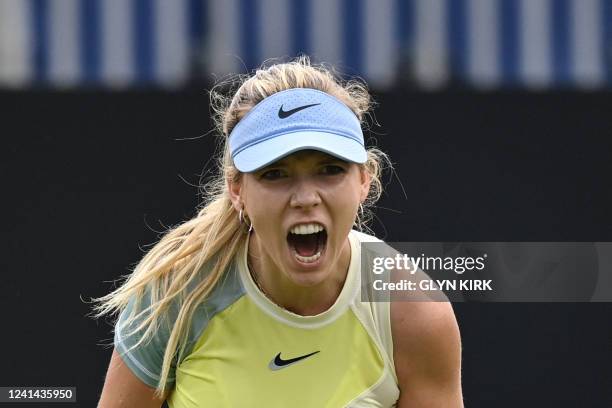 Britain's Katie Boulter celebrates after winning the second set as she plays against Czech Republic's Karolina Pliskova during their round of 16...