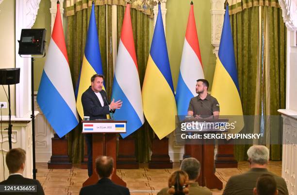 Ukrainian President Volodymyr Zelensky and Prime Minister of Luxembourg Xavier Bettel give a press-conference following their talks in Kyiv on June...