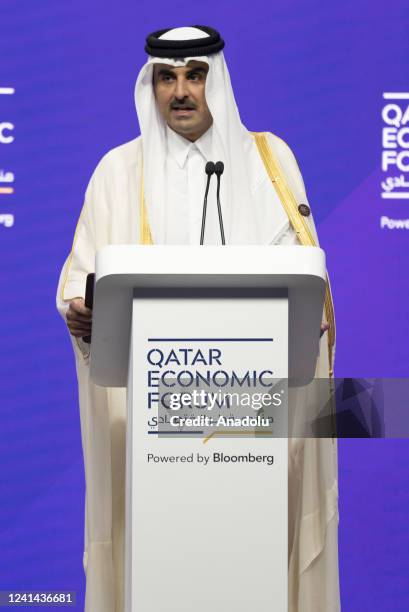 Emir of Qatar Sheikh Tamim bin Hamad Al-Thani makes the opening speech during Qatar Economic Forum in Doha, Qatar on June 21, 2022.