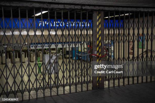 The gates to Pimlico underground station are closed following industrial strike action by staff on June 21, 2022 in London, United Kingdom. The...