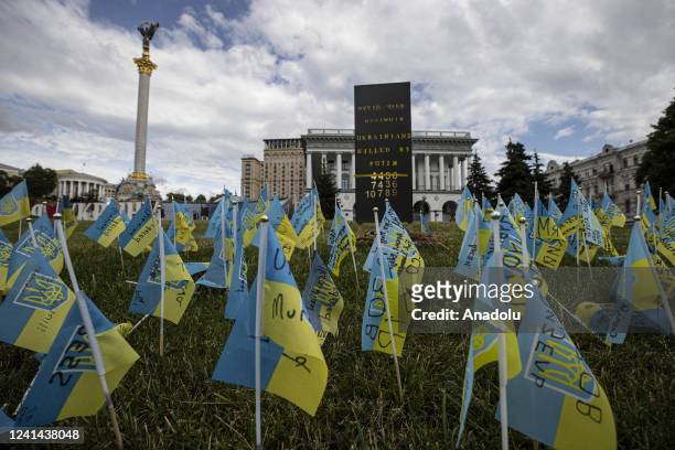 Ukrainian flags are placed at the Independence Square to commemorate the Ukrainian soldiers, who lost their lives in the war, in Kyiv, Ukraine on...