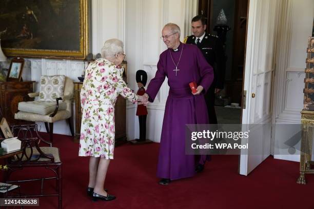 Queen Elizabeth II receives the Archbishop of Canterbury Justin Welby at Windsor Castle, where he presented her with a special 'Canterbury Cross' for...