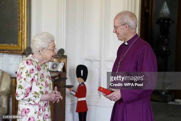 Queen Elizabeth II receives the Archbishop of Canterbury Justin Welby at Windsor Castle, where he presented her with a special 'Canterbury Cross' for...
