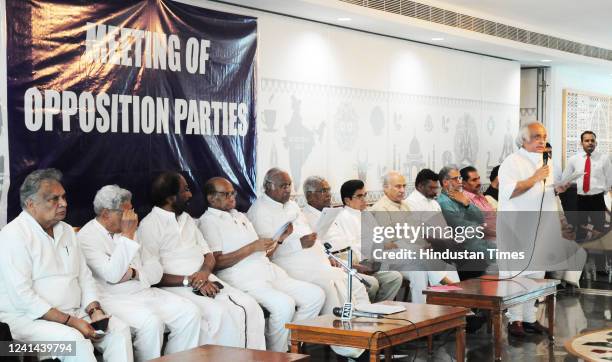 Leader Tiruchi Siva, Congress leaders Jairam Ramesh and Mallikarjun Kharge, NCP leader Sharad Pawar, SP leader Ram Gopal Yadav and CPI leader Sitaram...