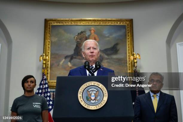 President Joe Biden speaks about Covid-19 vaccines for children, in the Roosevelt Room of the White House on June 21, 2022 in Washington, DC. Also...