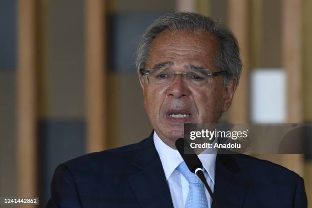 Brazil's Economy Minister Paulo Guedes speaks during a news statement after opening ceremony of the OECD meeting at the Itamaraty Palace in Brasilia,...