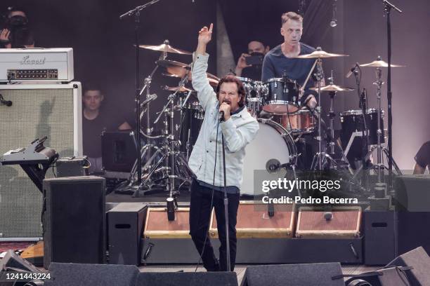 Eddie Vedder and Matt Cameron of the American rock band Pearl Jam perform live on stage during a concert at the on June 21, 2022 in Berlin, Germany.