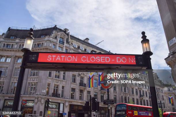 Station closed' sign is seen at Oxford Circus Underground station, as the biggest nationwide rail strike in 30 years hits the UK. The RMT union is...