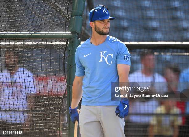 Andrew Benintendi of the Kansas City Royals warms up before the game against the Los Angeles Angels at Angel Stadium of Anaheim on June 21, 2022 in...