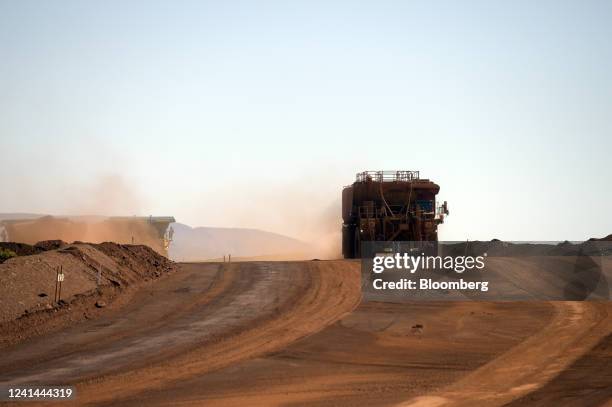 Truck travels along an access road at the Gudai-Darri iron ore mine operated by the Rio Tinto Group in the Pilbara region of Western Australia,...