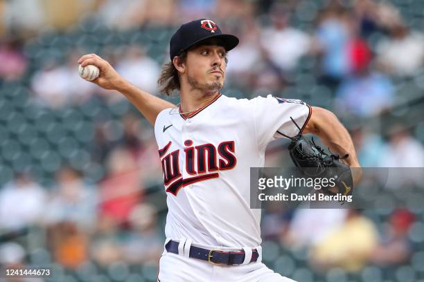Joe Ryan of the Minnesota Twins delivers a pitch against the Cleveland Guardians in the first inning at Target Field on June 21, 2022 in Minneapolis,...