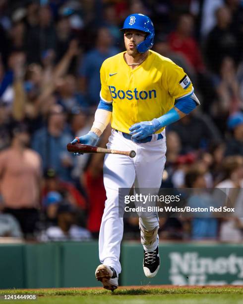 Trevor Story of the Boston Red Sox reacts after hitting a three run home run during the fourth inning of a game against the Detroit Tigers on June...