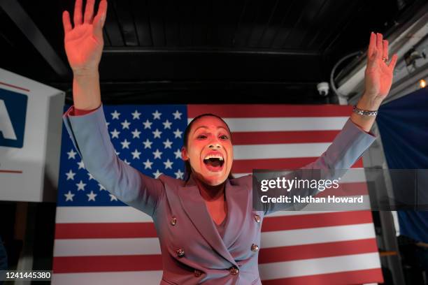 Yesli Vega celebrates her Republican primary win for the 7th Congressional District during an election night event on June 21, 2022 in Woodbridge,...