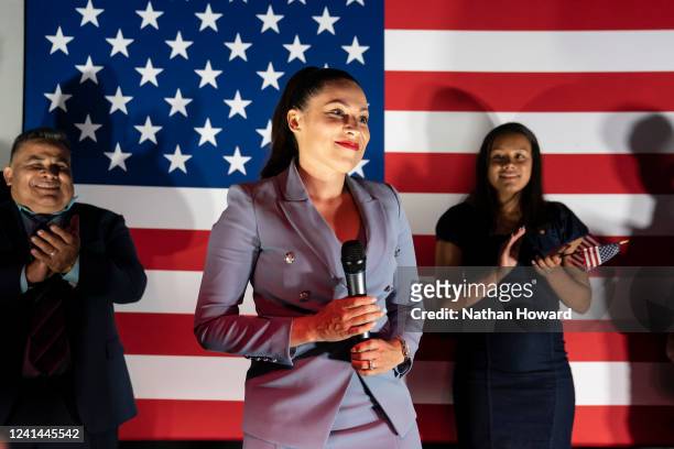 Yesli Vega celebrates her Republican primary win for the 7th Congressional District during an election night event on June 21, 2022 in Woodbridge,...