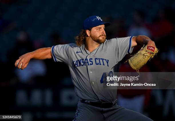 Jonathan Heasley of the Kansas City Royals pitches in the second inning of the game against the Los Angeles Angels at Angel Stadium of Anaheim on...
