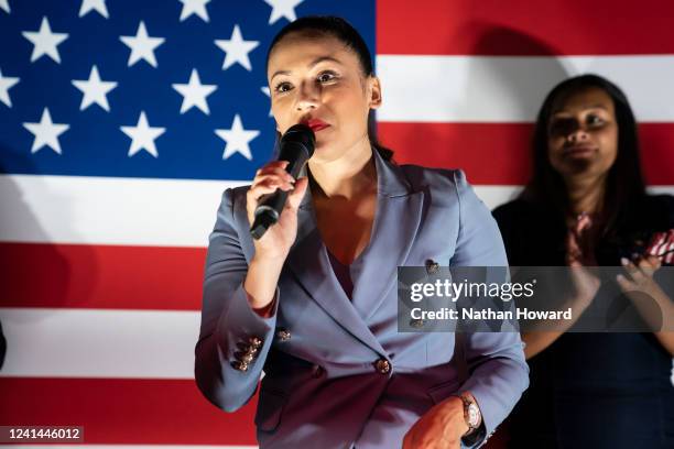 Yesli Vega gives a victory speech following her Republican primary win for the 7th Congressional District during an election night event on June 21,...