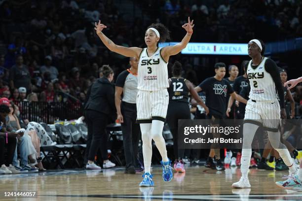 Candace Parker of the Chicago Sky celebrates a three pointer during the game against the Las Vegas Aces on June 21, 2022 at Michelob ULTRA Arena in...