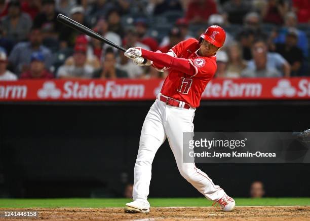 Shohei Ohtani of the Los Angeles Angels hits a 3-run home run in the sixth inning of the game against the Kansas City Royals at Angel Stadium of...