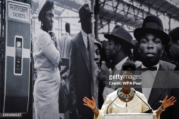 Baroness Floella Benjamin speaks during the unveiling of the National Windrush Monument at Waterloo Station on June 22, 2022 in London, England. The...