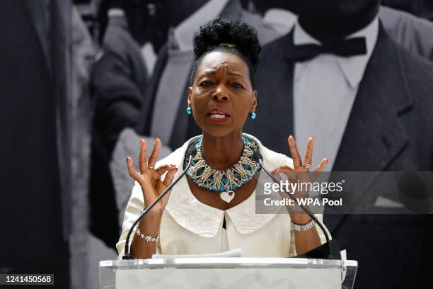 Baroness Floella Benjamin speaks during the unveiling of the National Windrush Monument at Waterloo Station on June 22, 2022 in London, England.