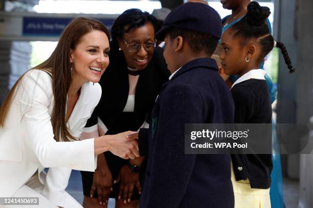 Catherine, Duchess of Cambridge attends the unveiling of the National Windrush Monument at Waterloo Station on June 22, 2022 in London, England.