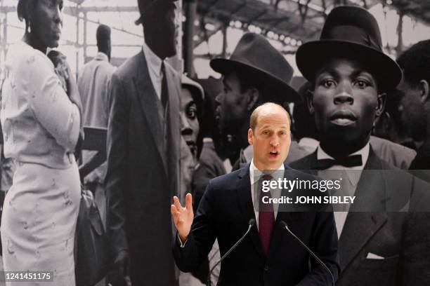 Britain's Prince William, Duke of Cambridge, speaks during the unveiling of the National Windrush Monument at Waterloo Station in London on June 22,...